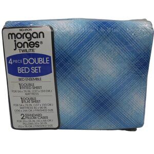 NEW Vintage Morgan Jones TWILITE Double Sheet Set Blue Plaid Sheet Pillow Cases